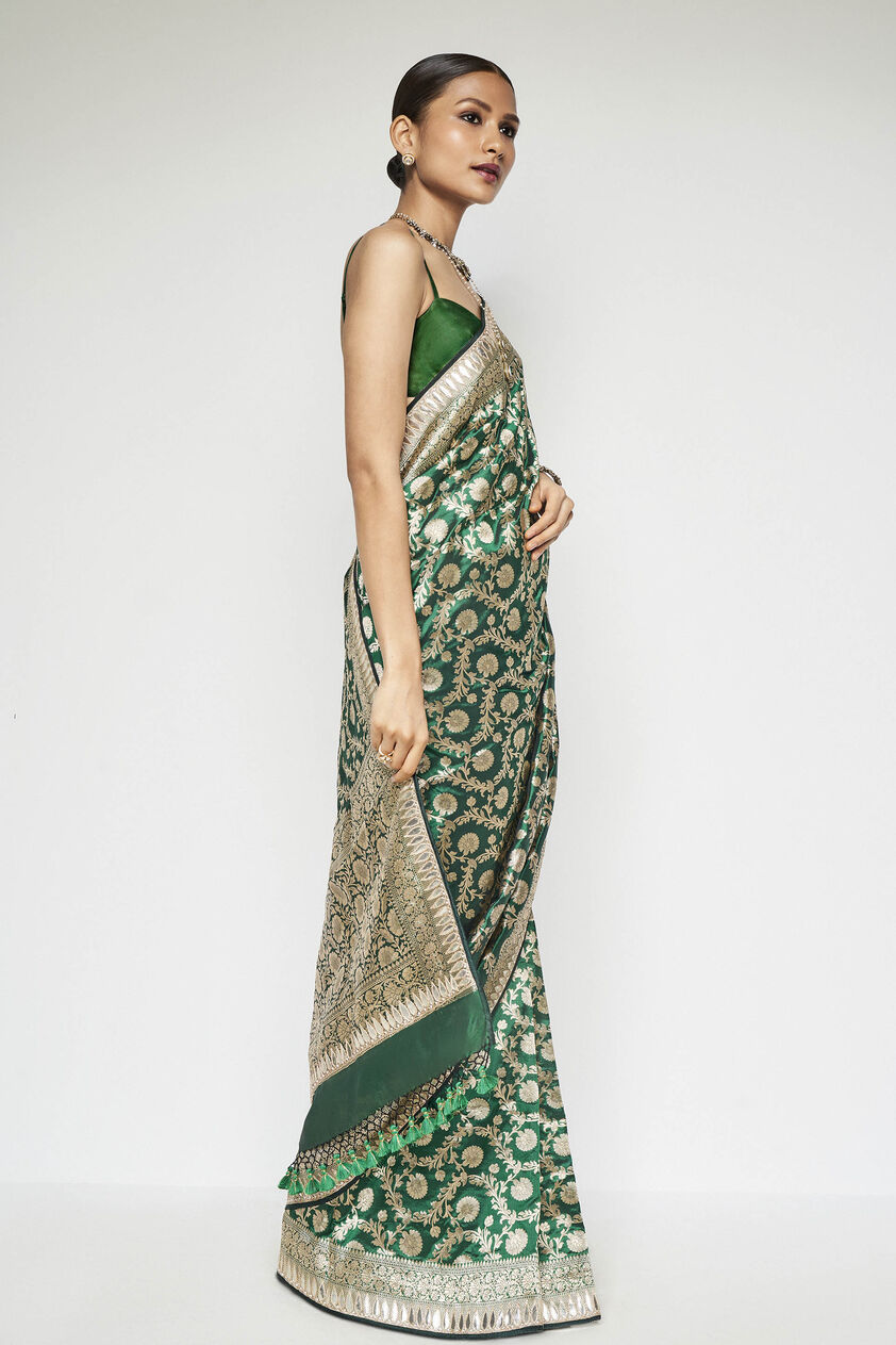 Madhusmita Benarasi Silk Embroidered Saree - Emerald Green, Emerald Green, image 3